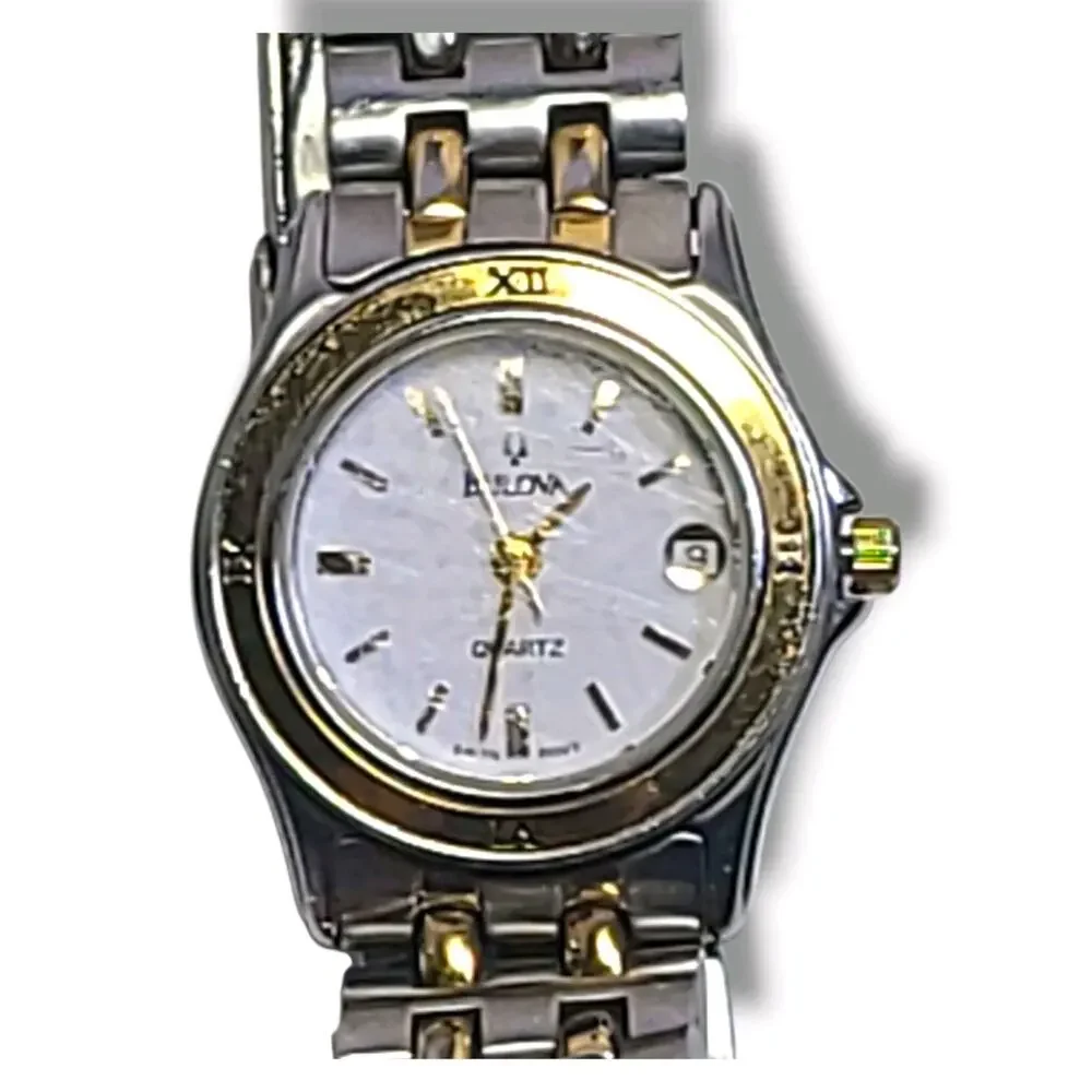 Bulova White Dial 2-Tone SS‎ Women's Watch 95G06 New Battery *Scratched Crystal